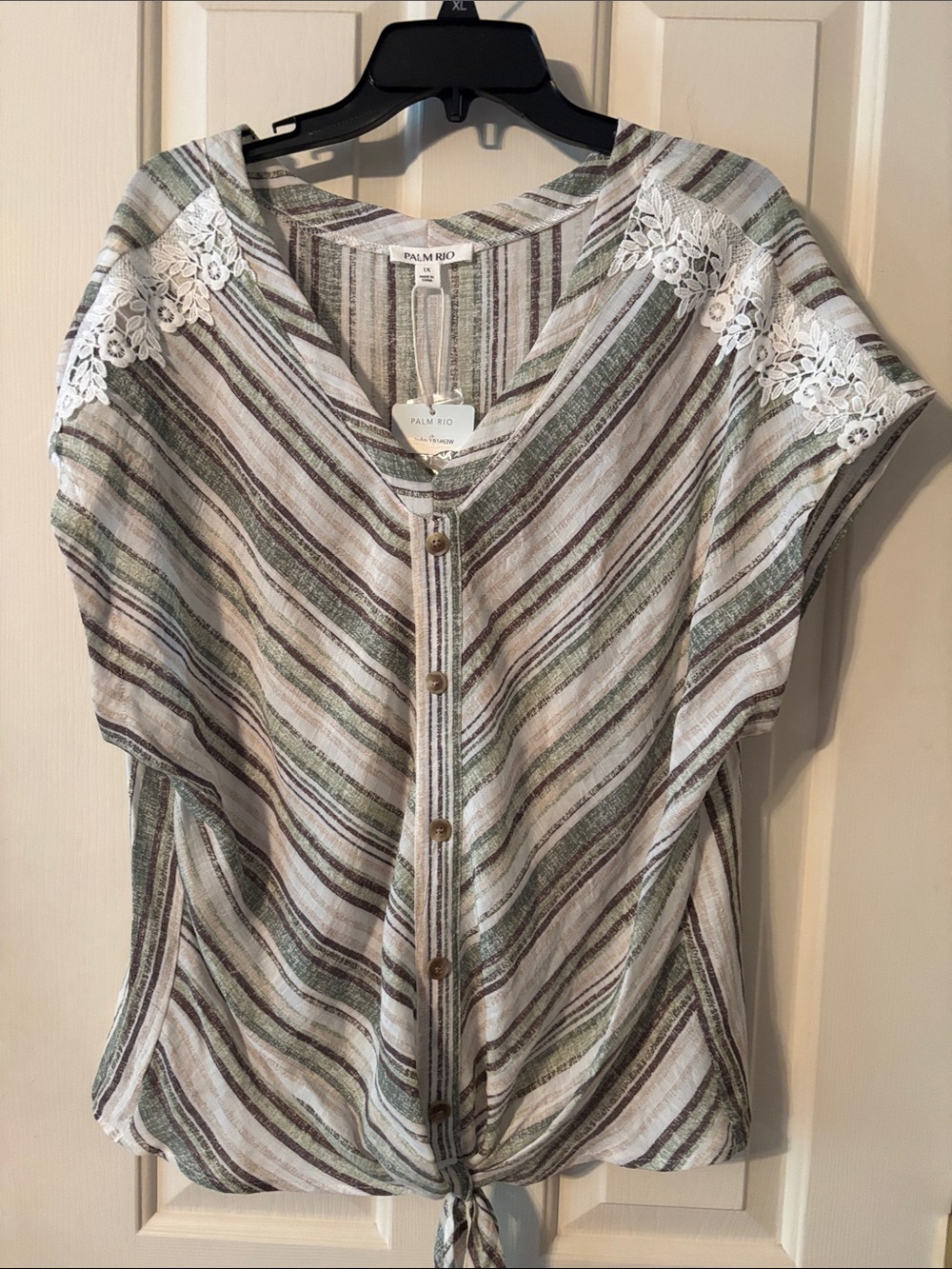 Green Stripe Button-Down Tie Hem Top with Lace